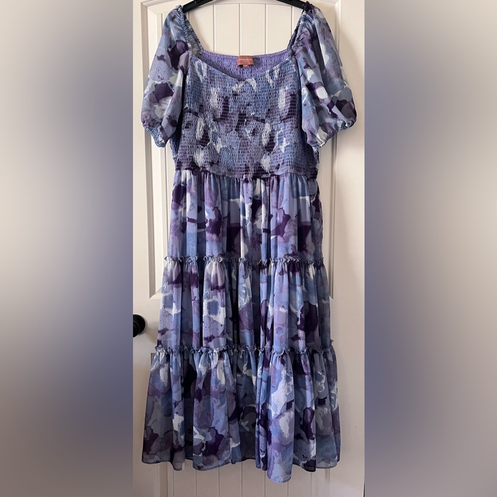 JESSAKAE Size 3X Peasant Flutter Sleeve Sheer Overlay Tiered Skirt Maxi Dress